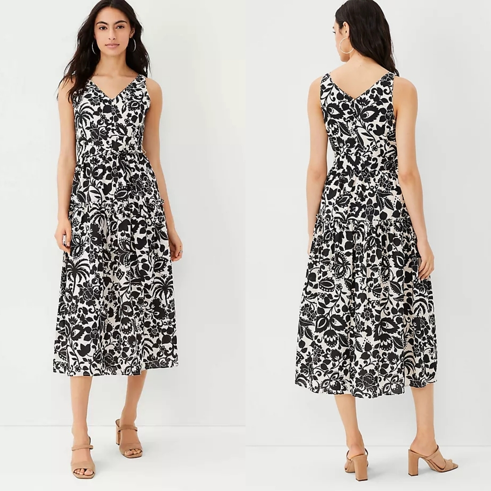 ANN TAYLOR Dress Womens 0 Black White Floral Tropical Coastal Vacation Summer